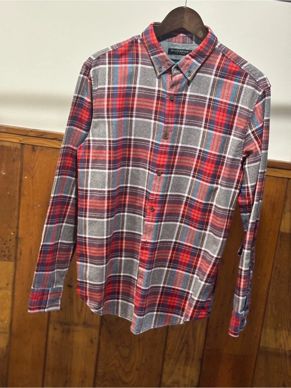 Banana Republic Red and Gray Plaid Button-Down Shirt